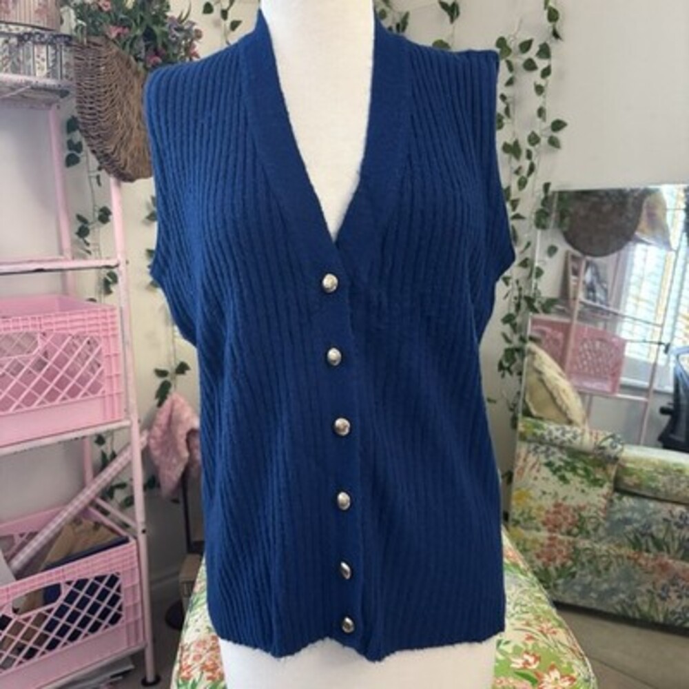 Vintage 70s Royal Blue Nan Dorsey Blue Ribbed Sweater Vest Button Front